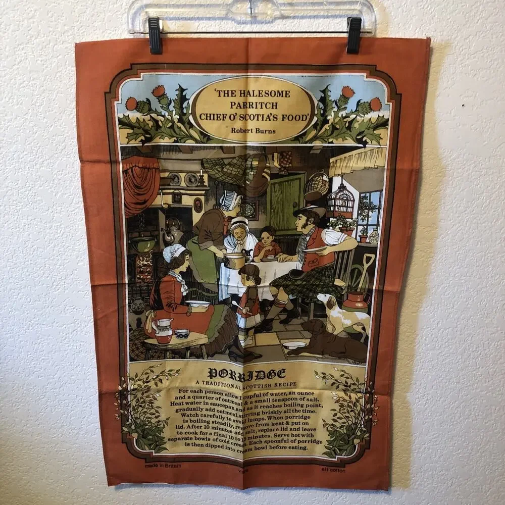 Tea Towel Scottish Recipe PORRIDGE Kilt Dog Farm Family Orange Country O'Scotia'